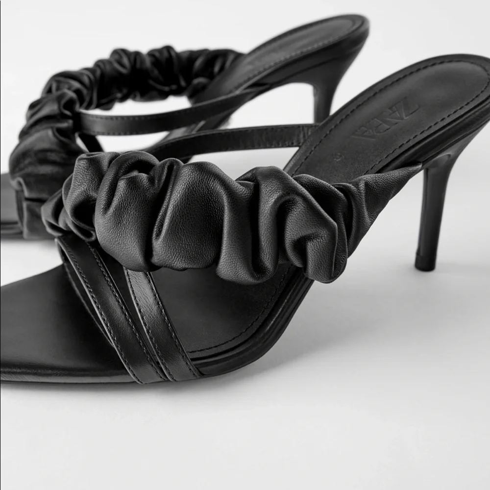 ZARA BNWT Leather Ruched Ruffle High Heel Sandals - Picture 2 of 5